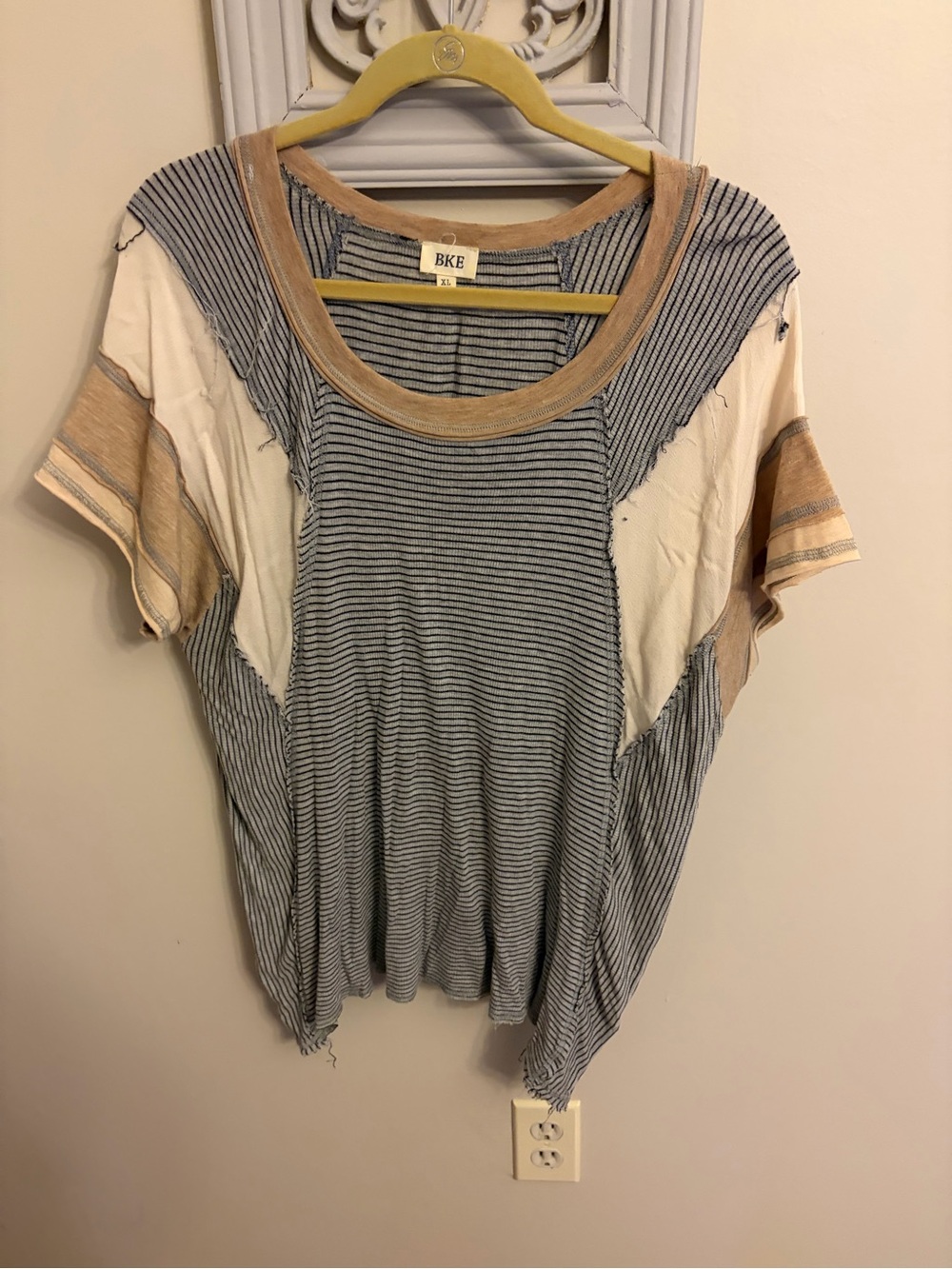 BKE Blue Stripe Mixed-Media Short Sleeve Top with Tan Accents
